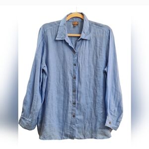 J jill Linen Button Down Blue Shirt Neutral Boho Minimalist Medium